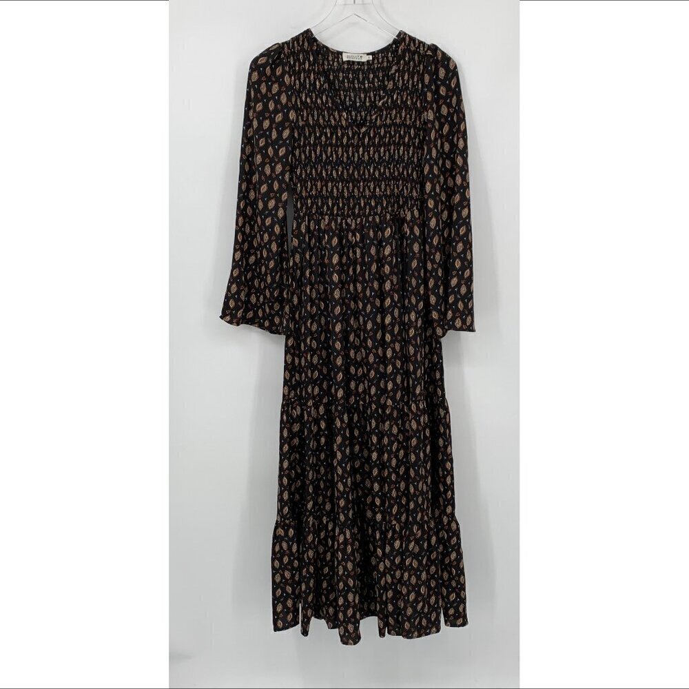 Molly Bracken Boho tiered maxi dress dark floral leaf long smocked bodice Medium